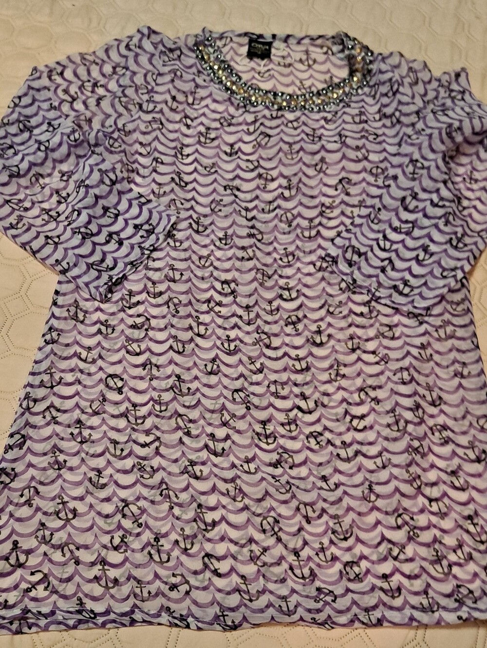 Omja Workd Beaded-Neck Purple Anchor Print Women's Top Size XL Coverup